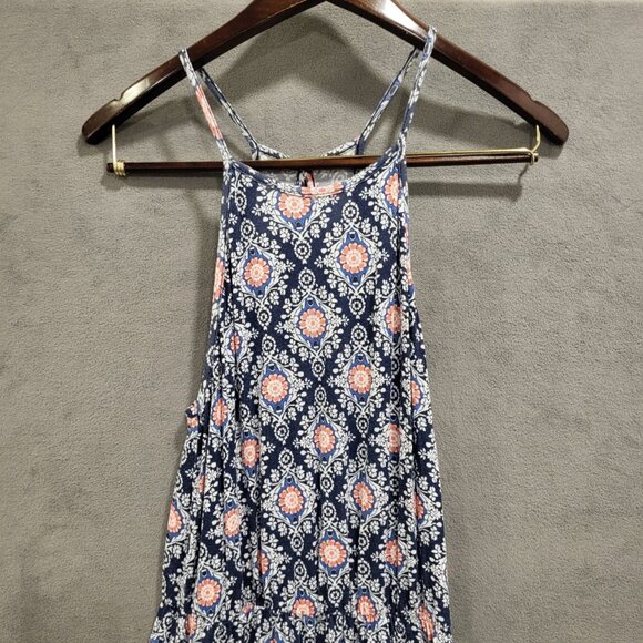 French Grey Maxi Dress Women Medium Halter‎ Waist Defined Floral Blue Soft Comfy - Picture 1 of 8